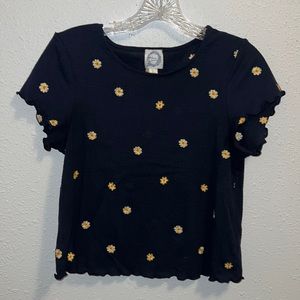 Blue Shirt with Embroidered Yellow Daisies